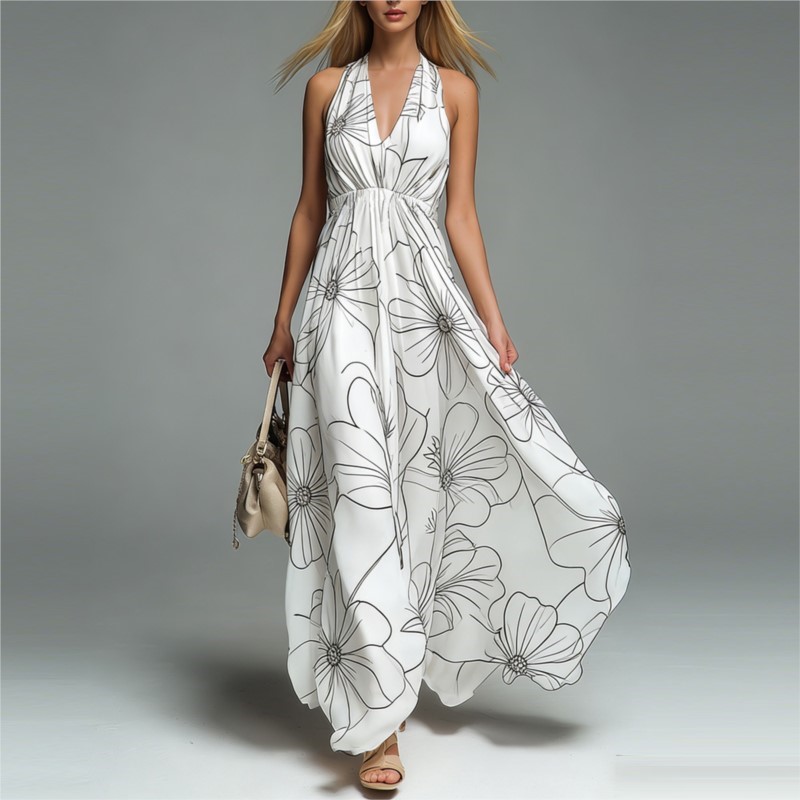 Nouvelle Robe Longue Décontractée d'Été pour Femme, Imprimé Floral, Col Halter, Sans Manches, Col en V, Coupe Trapèze, Idéale pour les Fêtes