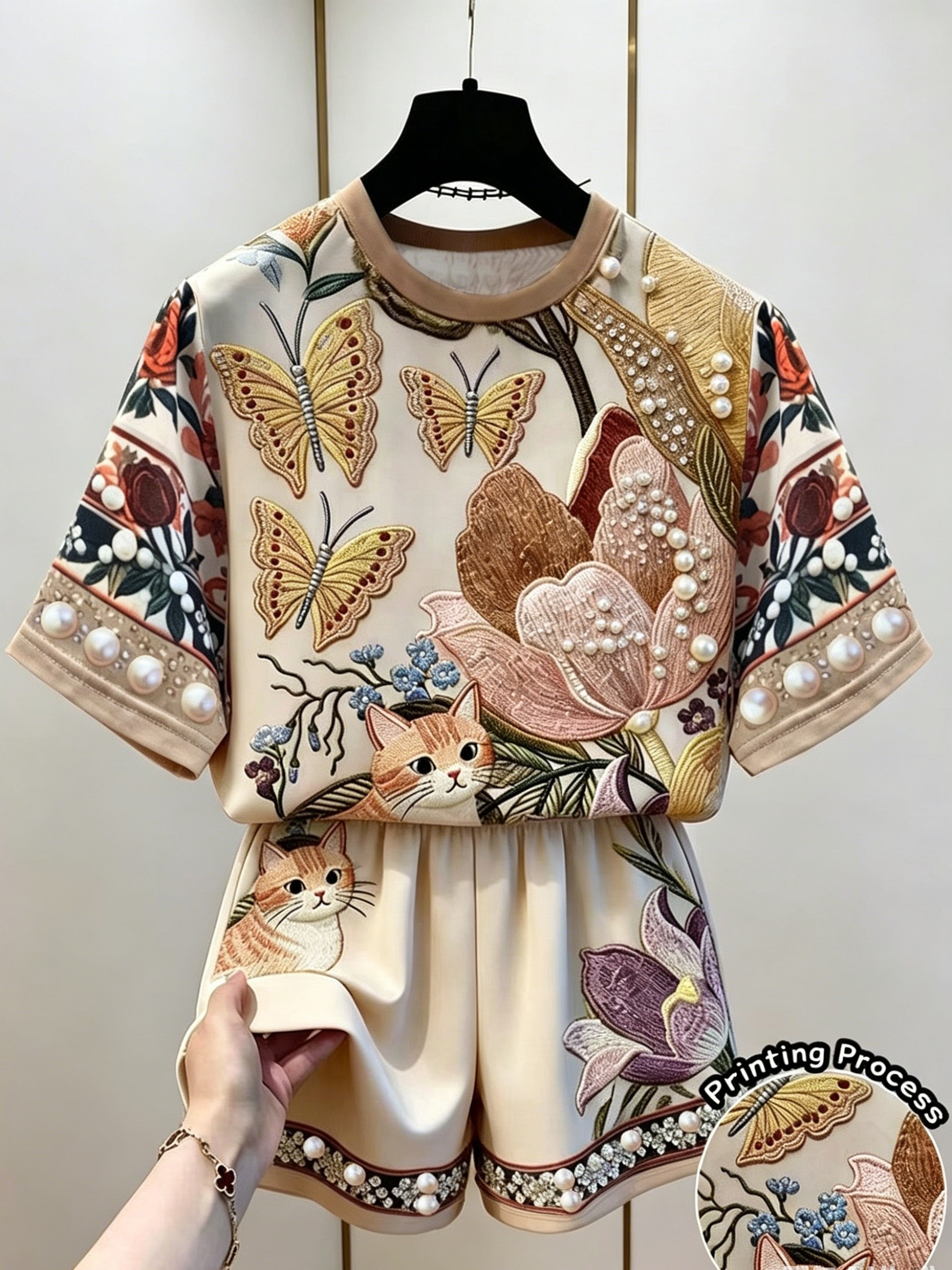 Tenue décontractée d'été pour femmes : haut à manches courtes élégant à imprimé floral, papillon et chaton + short ample, ensemble deux pièces, adapté aux sorties décontractées d'été, vêtements polyvalents
