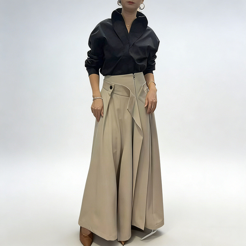 [EWQ] Jupe mi-longue élégante taille haute pour femme avec bords à volants, jupe mi-longue kaki simple, vêtement bas polyvalent pour le printemps