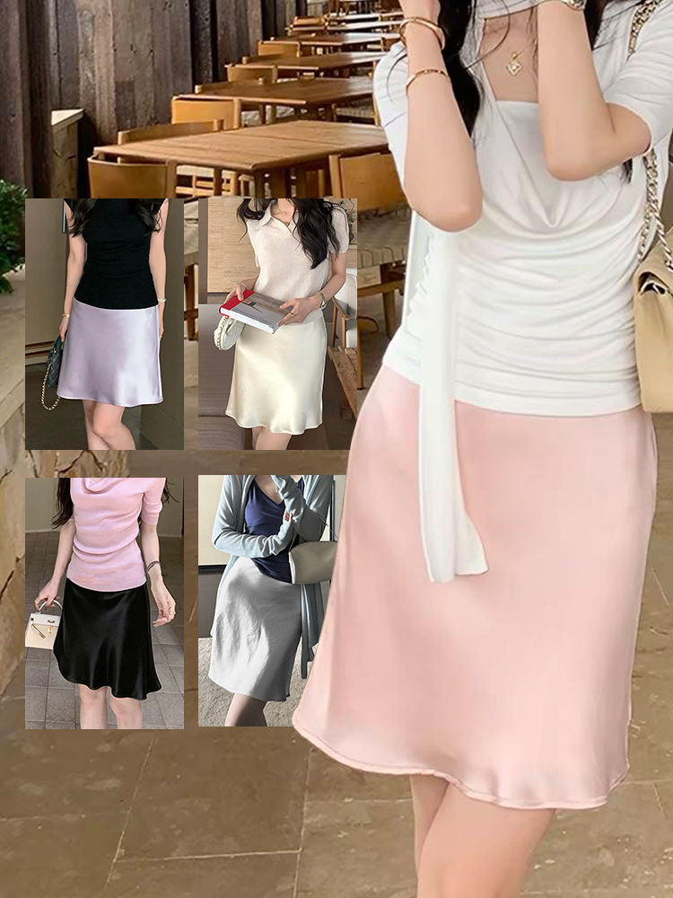 Jupe en satin unie à la mode, jupe courte élastique à taille haute, texture fluide élégante, coupe trapèze, pour femmes, pour le bureau et la maison