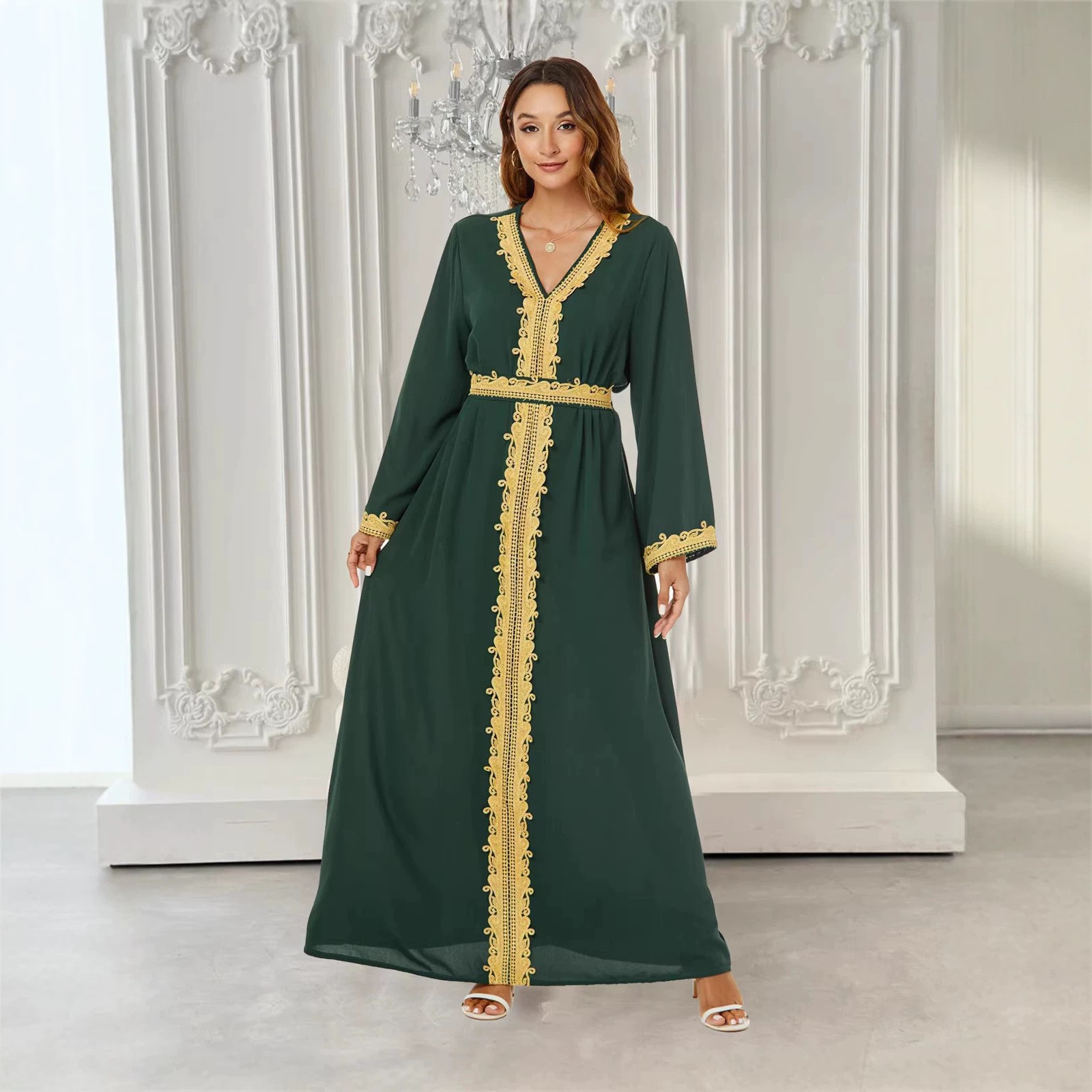 Abaya de Dubaï pour femmes, robe musulmane kaftan, broderie dorée, col en V, robe maxi coupe A, 5 couleurs, pour l'Aïd, le Ramadan, les fêtes, Vestidos