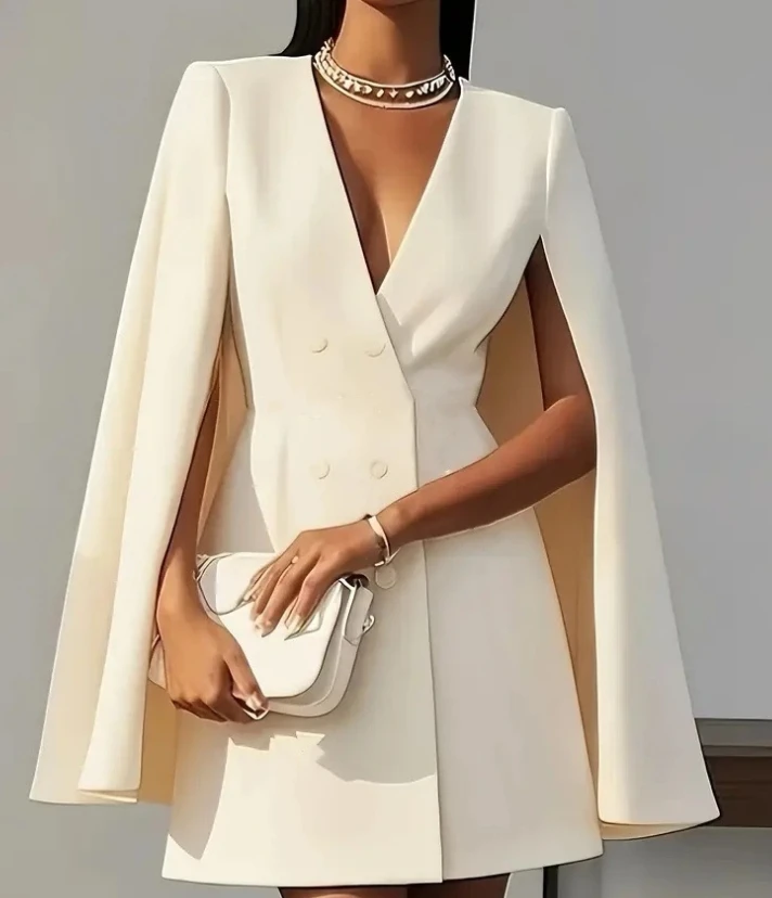 Femmes robes 2025 printemps automne nouveau déplacement Double boutonnage châle Cape couleur unie col en v Mini robe mode vêtements pour femmes