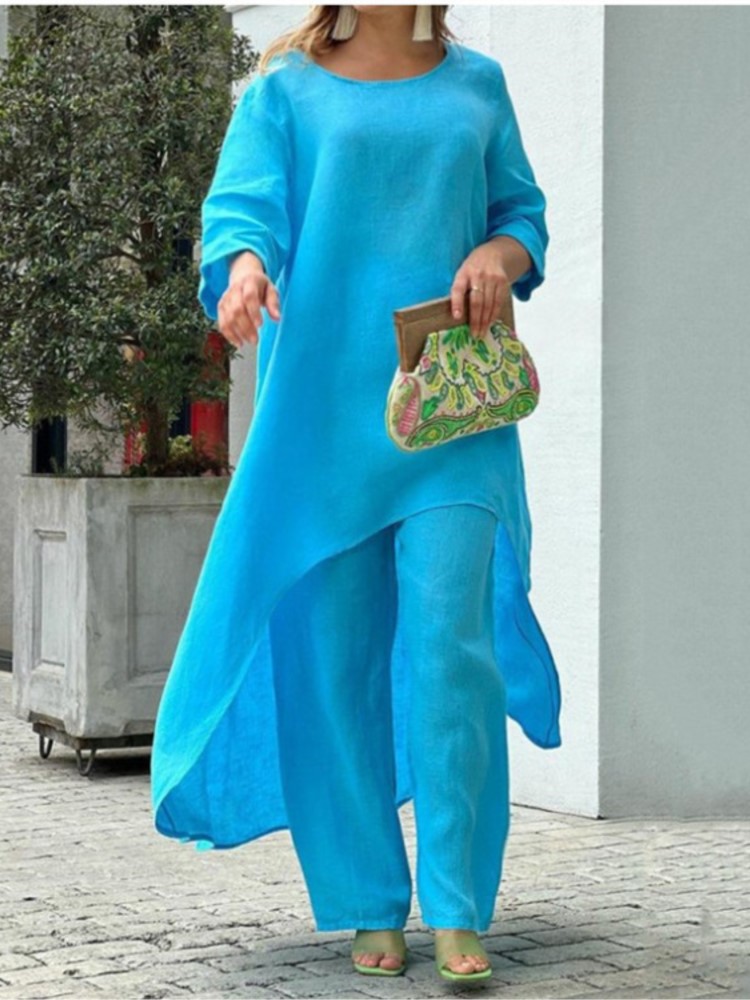 Ensemble pantalon Long en coton et lin pour femmes, mode solide, décontracté, hauts irréguliers, jambes larges, costumes de bureau, ensemble deux pièces, vêtements