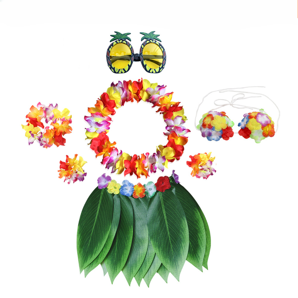 Luau – tenues hawaïennes à fleurs, feuilles d'herbe, jupe Hula, ensemble de lunettes de soleil, guirlande pour Costumes de Cosplay de fête tropicale