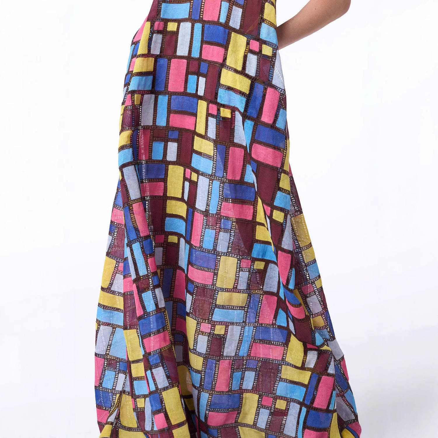 Carrés colorés sans manches longues robes femmes mode Sexy col en U poche ample Maxi robe été dame vacances trajet robe