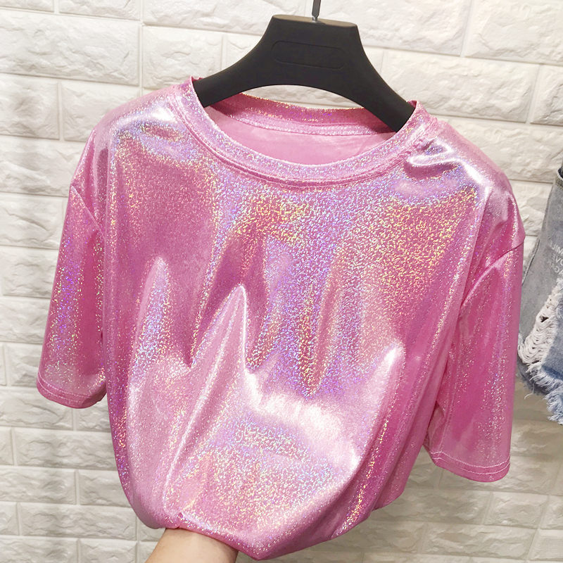 T-shirt manches courtes femme, estival et élégant, en soie brillante, ample, sexy, esthétique, harajuku