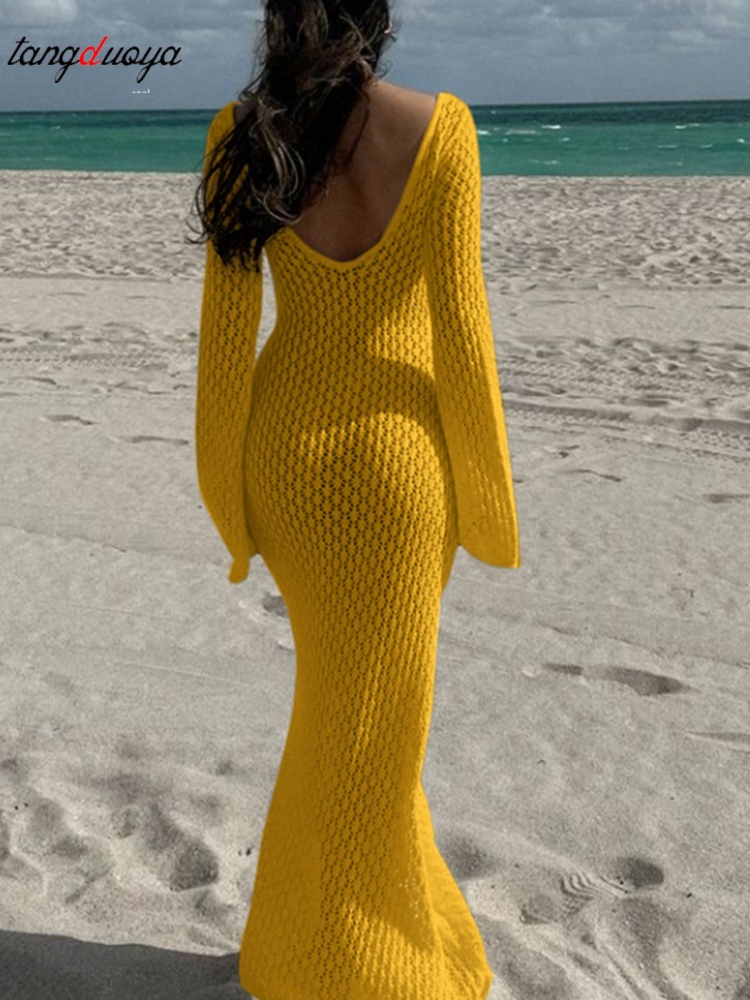 Robe de plage longue en maille sexy pour femme, tricot ajouré, col en V, manches longues, transparente, dos nu, pour les vacances