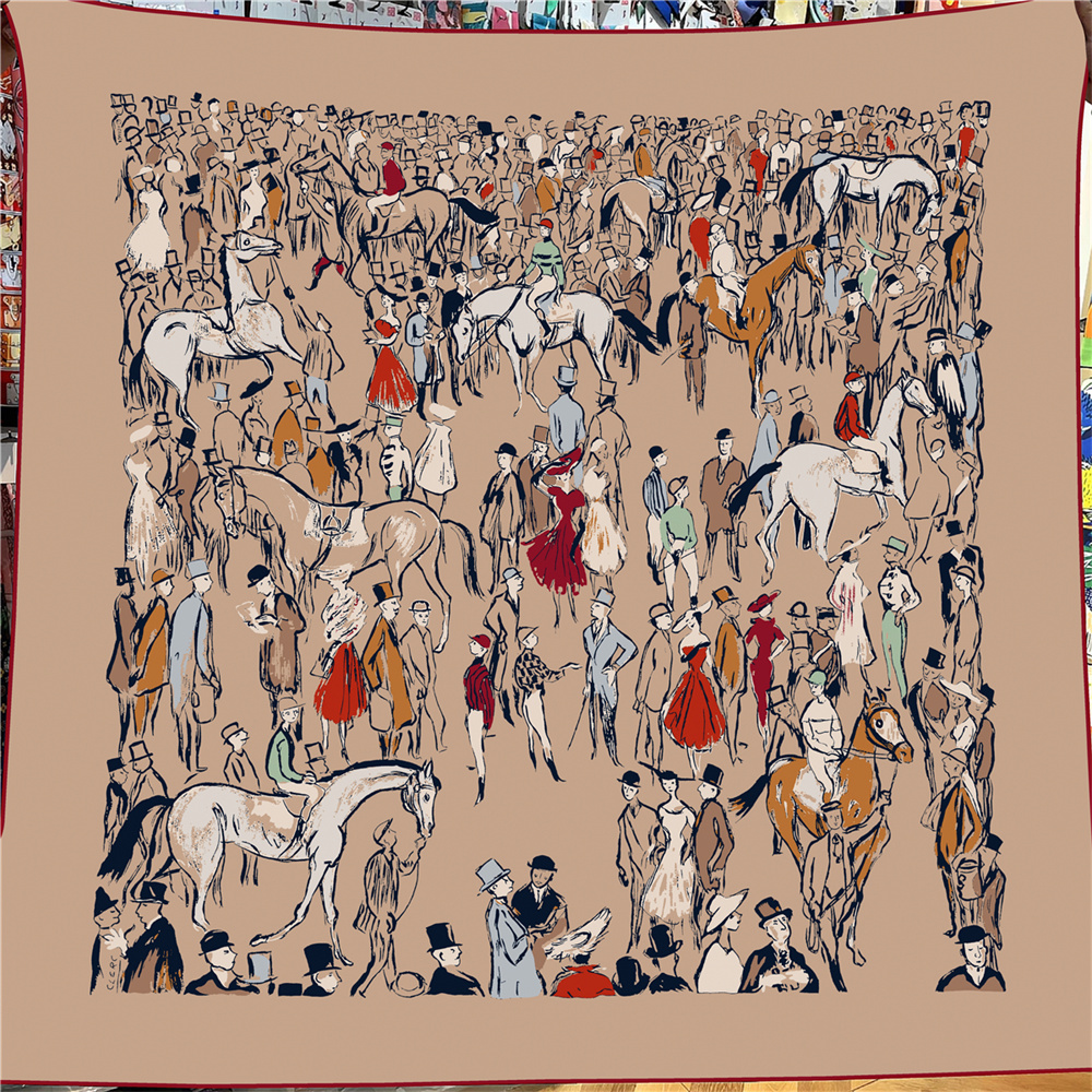 Foulard carré pour femme 135 cm, 30% soie 70% cachemire, ourlet roulé à la main, imprimé Steed Market, grand hijab, bandana, écharpe, foulard