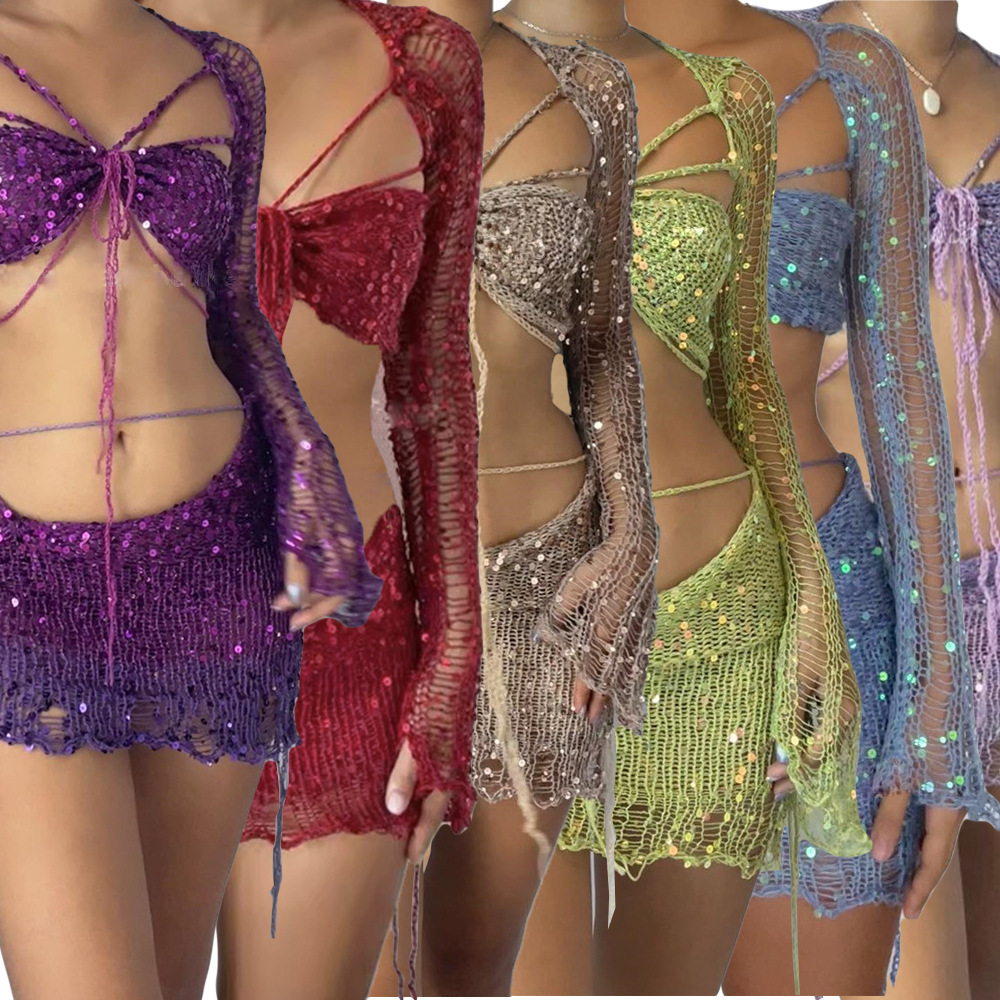 Ensemble de robes pull trois pièces pour femmes, robe évidée, haut court à manches longues, soutien-gorge et jupes, paillettes de fête