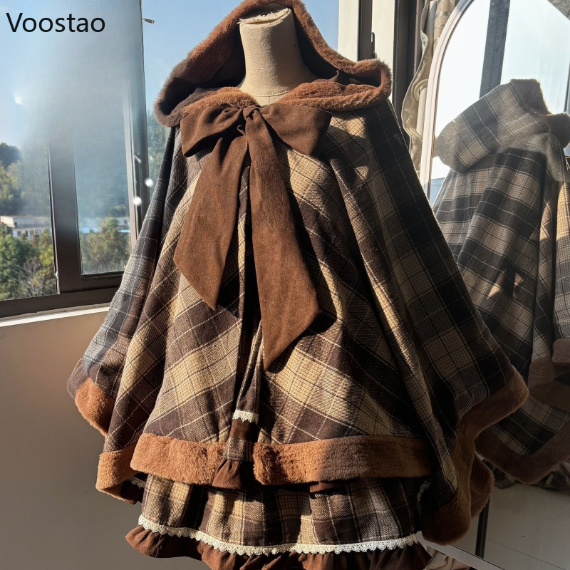 Manteau Everak en laine de style Lolita vintage japonais pour femmes, arc mignon, plaid, chaud, châle à capuche, vestes, ponchos en peluche pour filles, automne, hiver