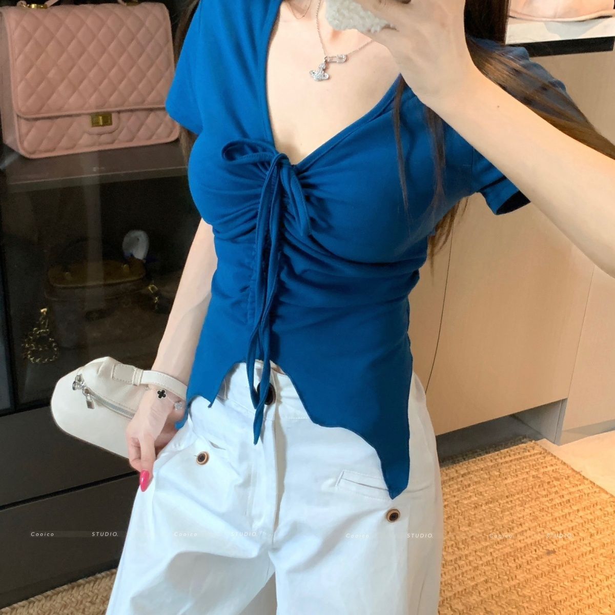 T-shirt à manches courtes pour femmes, grande taille, couleur unie, irrégulier, slim et fin, col en v, avec cordon de serrage, nouvelle collection été