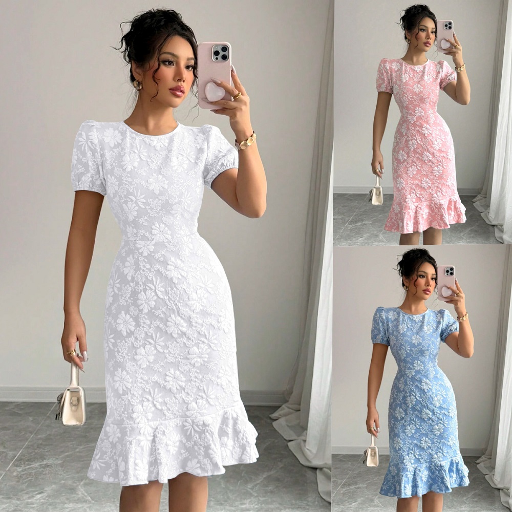    Robe de soirée brodée de fleurs pour femmes, tenue de bureau, col rond, manches courtes, couleur unie, Slim, élégante, moulante, été