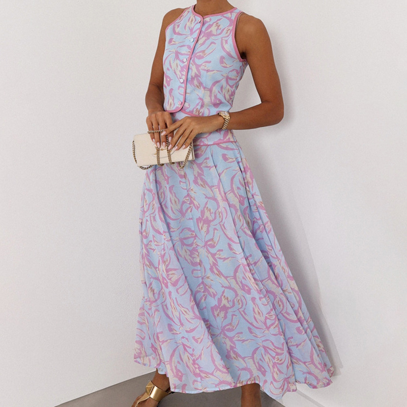 Nouvel ensemble bohème d'été sans manches, imprimé tendance, élégant pour les fêtes, ensemble pour femmes, haut à col rond boutonné et jupe longue