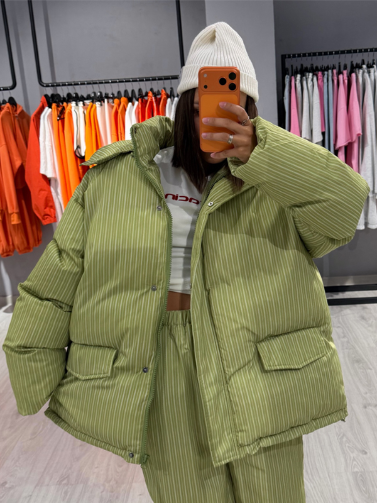 Veste en coton à capuche rayée pour femme, col montant, manches longues, fermeture éclair, poche, chaud, manteaux de rue quotidiens, hiver