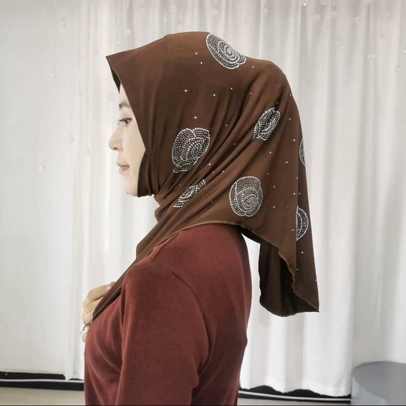 Hijab instantané en jersey doux pour filles musulmanes, motif diamants et roses