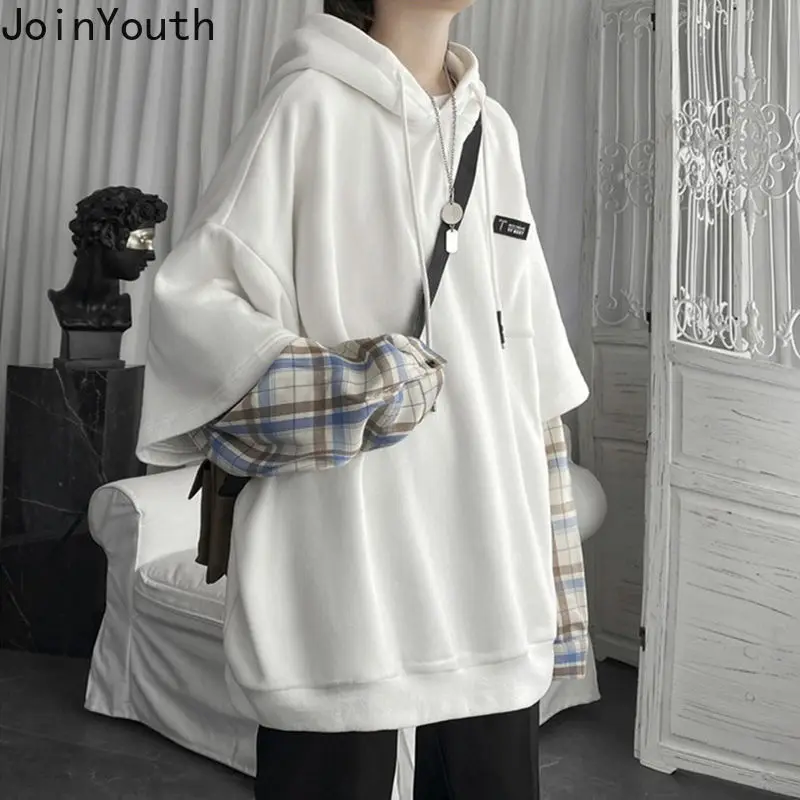 Vêtements pour femmes faux deux sweats à capuche Patchwork Plaid à capuche hauts surdimensionnés coréen Y2K vêtements pour adolescents Harajuku sweat-shirt décontracté