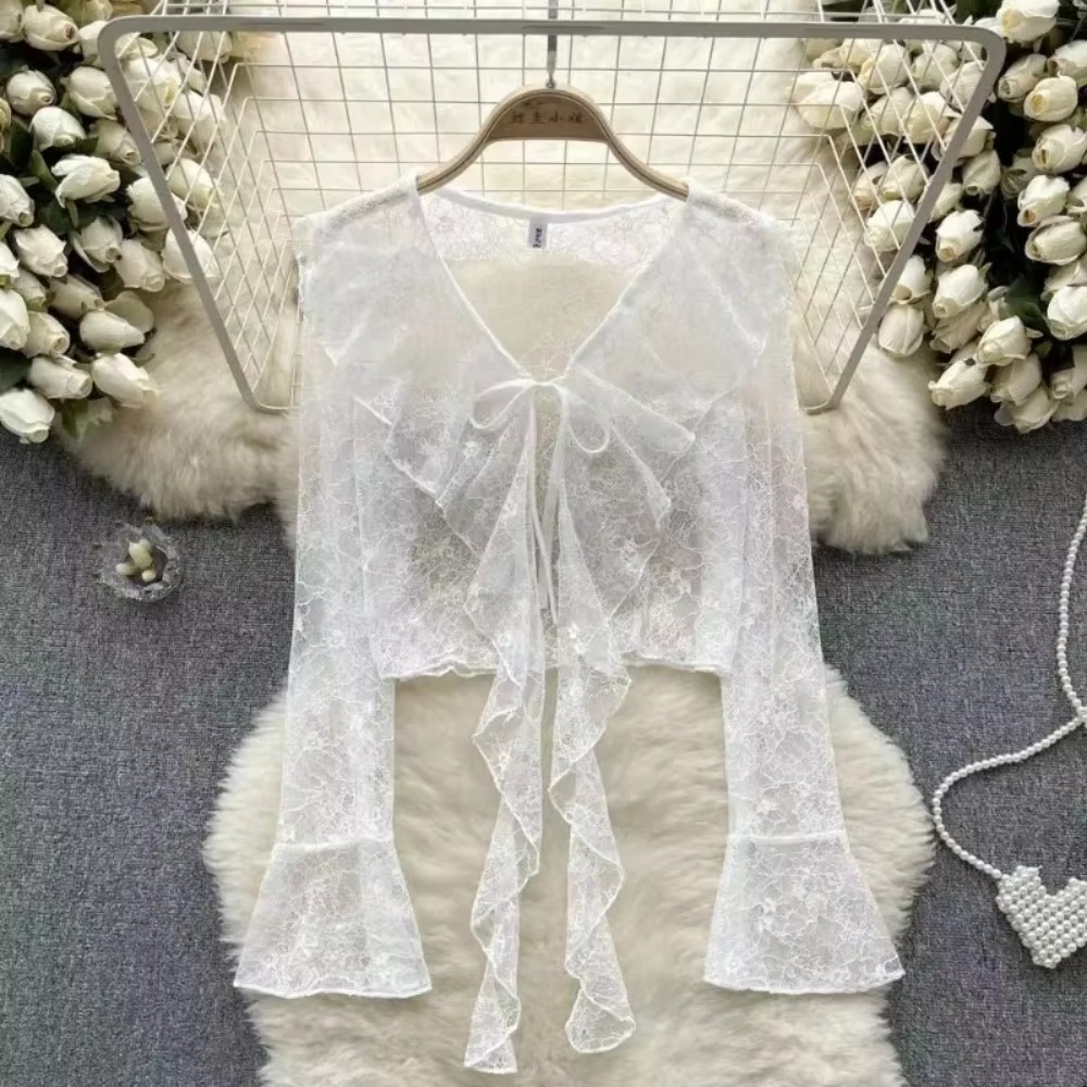 Cardigan court en dentelle pour femme, à nouer sur le devant, avec manches évasées, chemisier léger, veste châle, vêtement d'extérieur, chemisier de couverture.