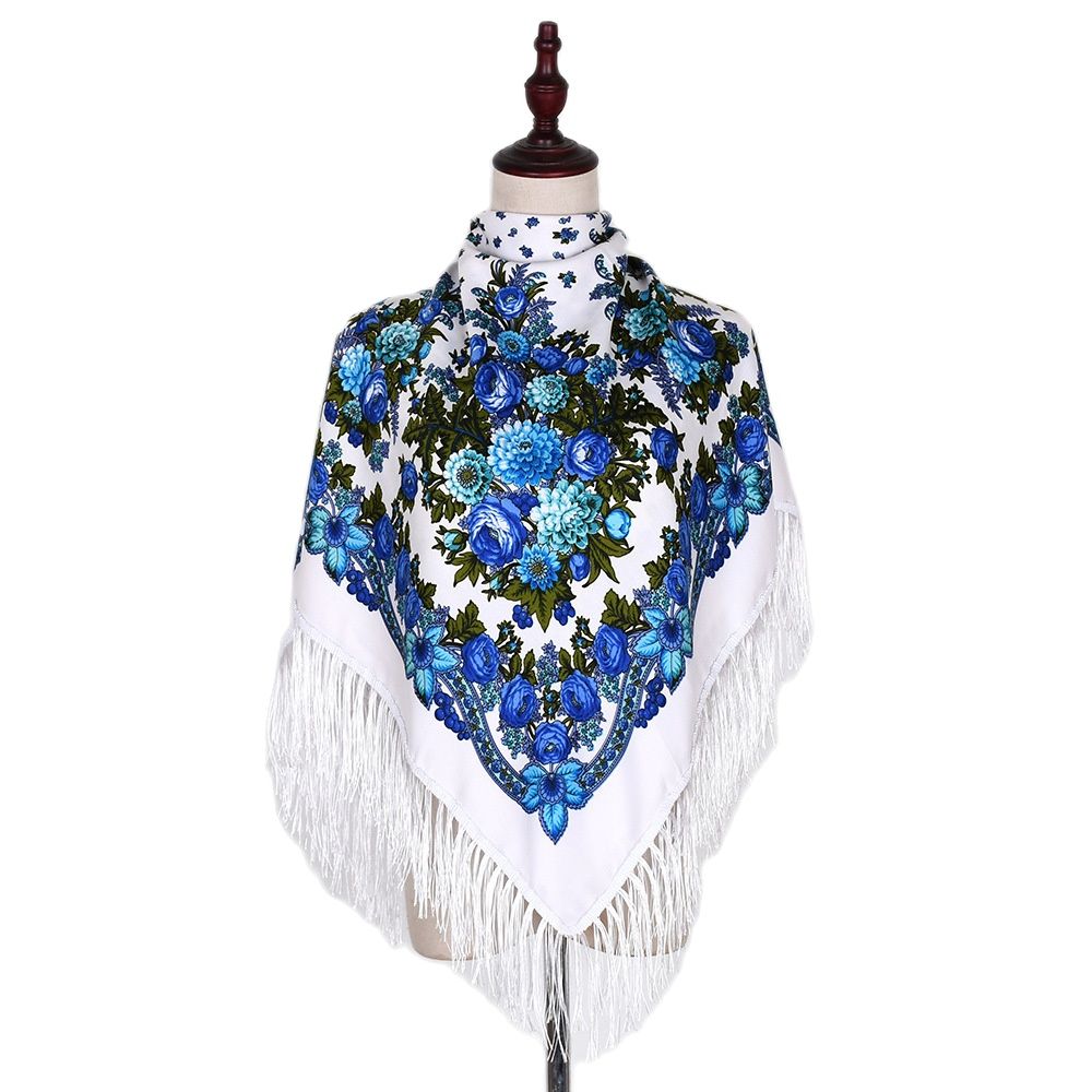 Écharpe russe châles femmes frangé carré Bandana foulard musulman Hijab National couverture florale foulards 110x110 cm
