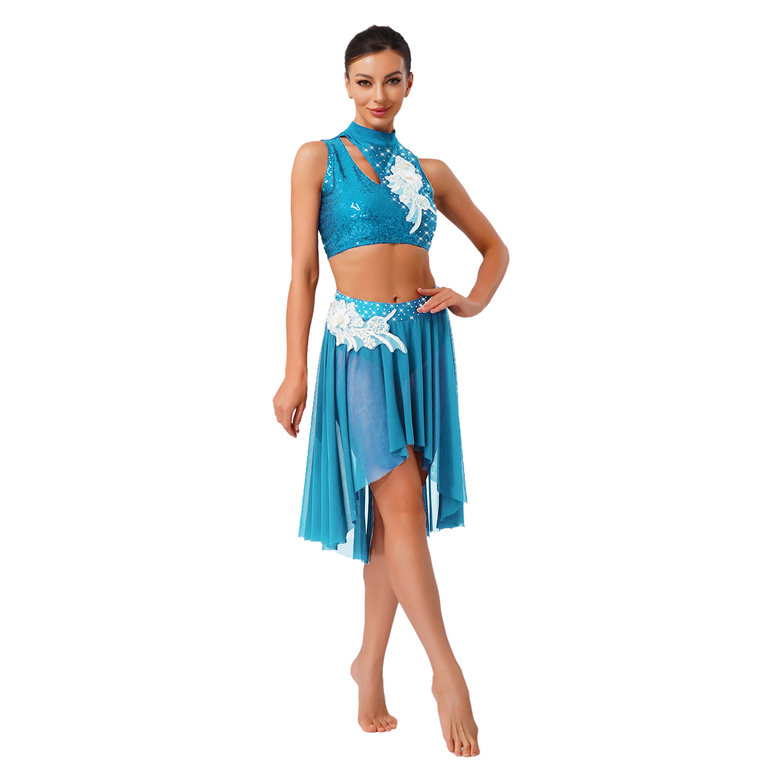 Costume de spectacle de patinage artistique artistique pour femmes, tenues de danse lyrique de Ballet, haut court ajouré, jupe avec slip