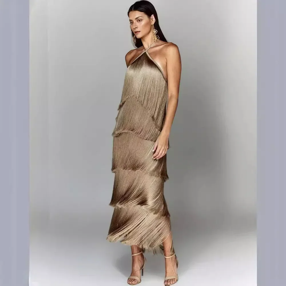 Fashion Neck Fringed Backless Slit Dress for Women