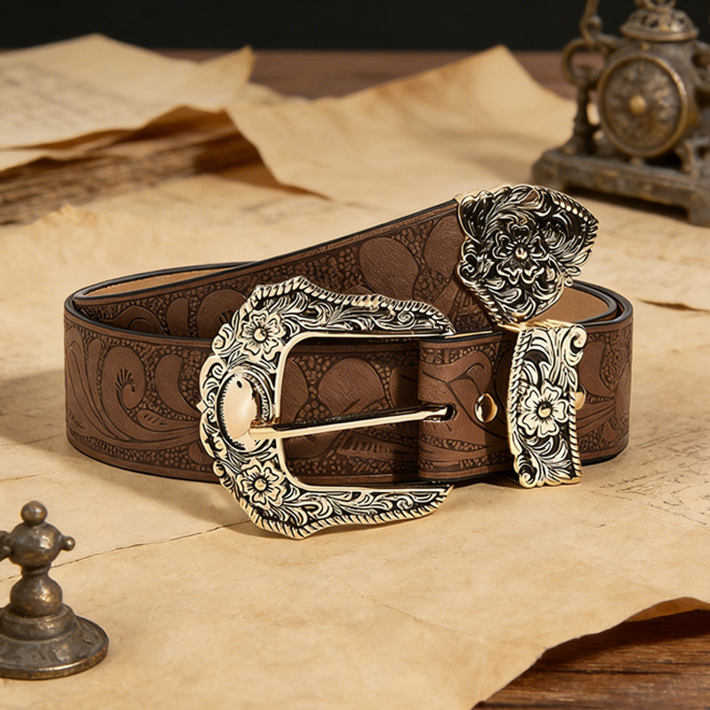 Ceinture à boucle sculptée florale pour femme, ceinture rétro unie gaufrée, ceinture de style western pour jeans