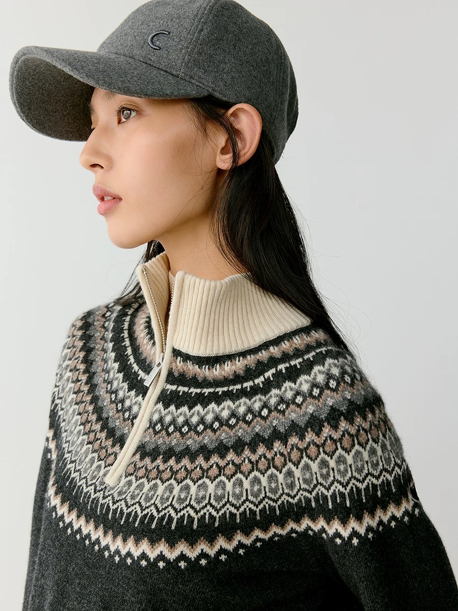 Femmes laine mérinos pull col mi-haut couleur bloquée pull femme cachemire demi fermeture éclair tricots automne hiver décontracté hauts
