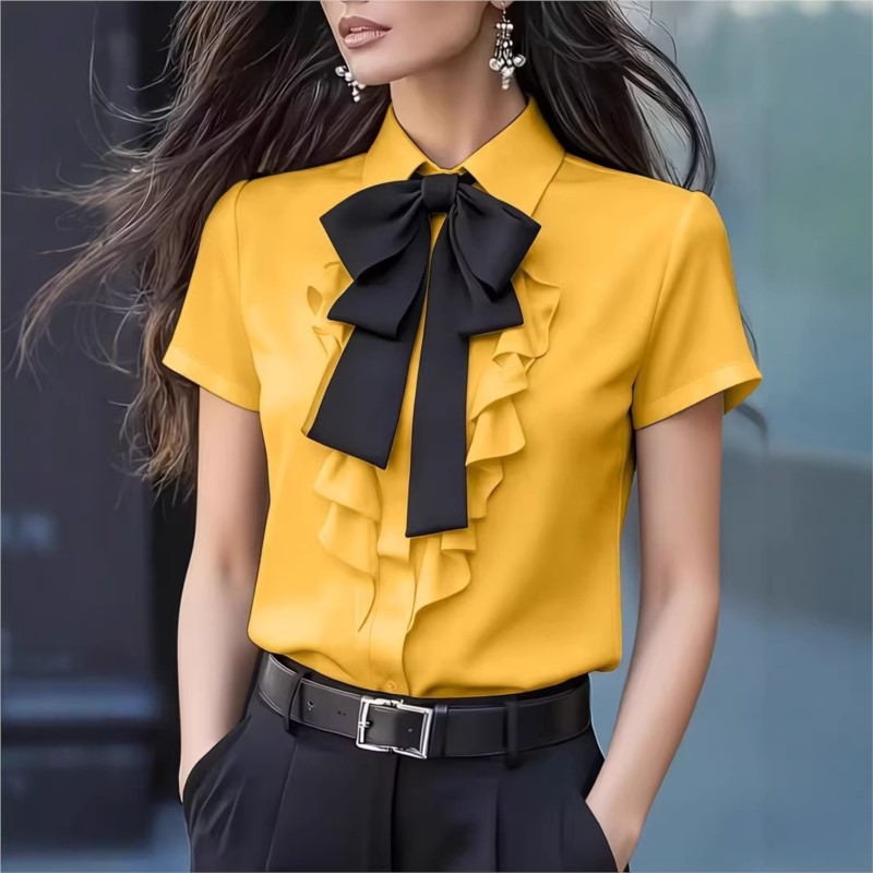 Chemisier d'été pour femme, nouvelle mode, uni, avec nœud et volants, style vintage, manches courtes, chemise blanche, vêtements féminins 2026