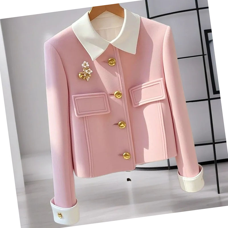 Manteau en laine rembourré rose à simple boutonnage pour femme, à la mode, Unique et il semble bon, automne 2024