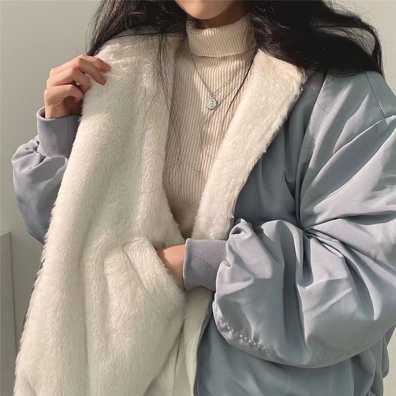 Parkas d'hiver pour femmes, double face, épais, en polaire, coupe ample, veste zippée, style streetwear, manteaux d'extérieur, mode coréenne
