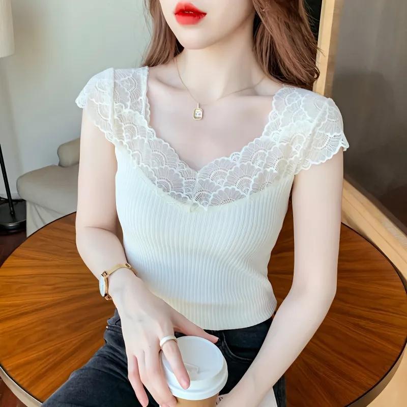 T-shirt à manches courtes en maille épissée pour femme, haut slim et chic, nouveau style, design de tempérament, été 2025
