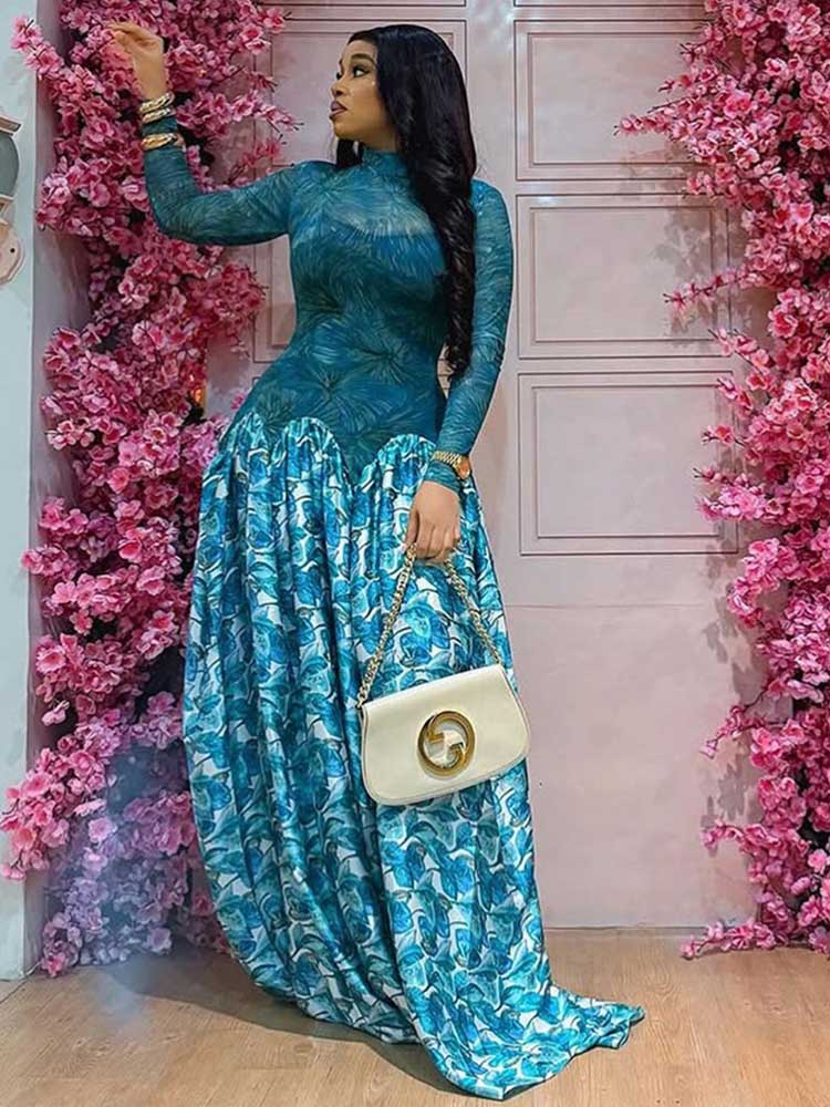 Une ligne robe Maxi pour les femmes automne bleu clair robe à manches longues taille mince mi-col roulé Chic élégant robes de soirée dames