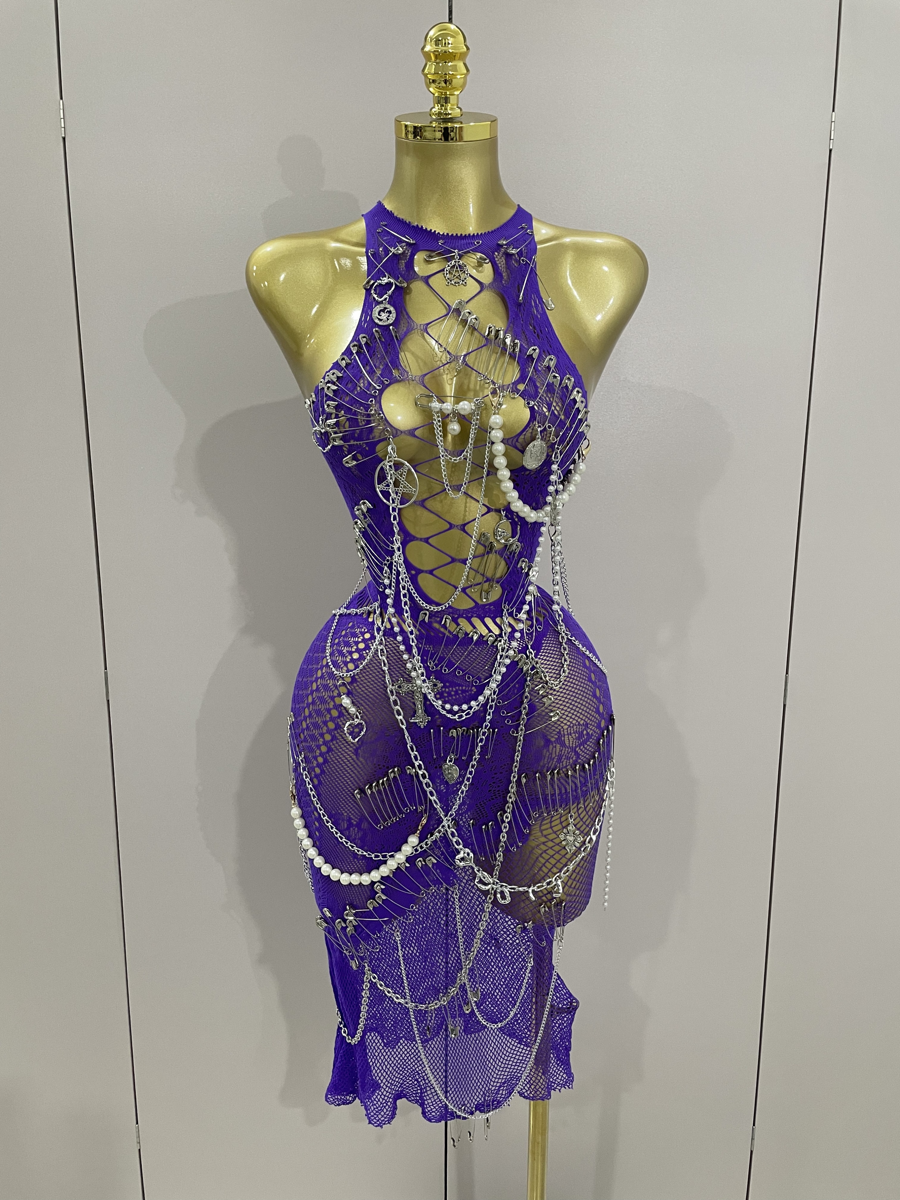 Sexy noir transparent broche décoration chaîne perles robe courte 2025 femmes anniversaire soirée discothèque Performance Costume