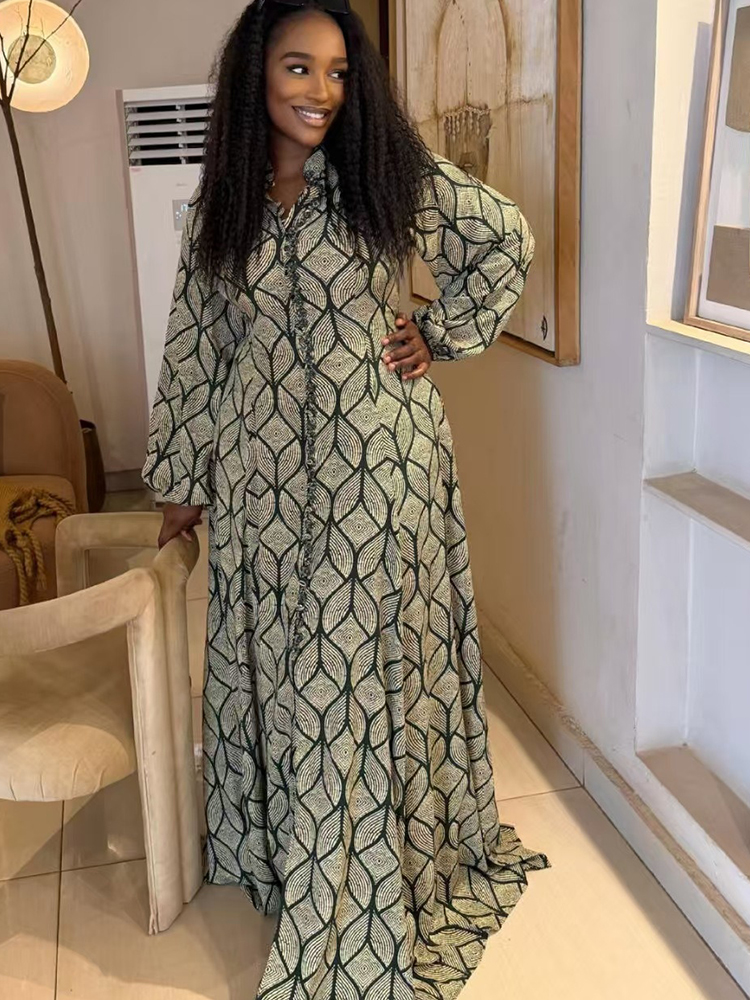 Robe longue élégante pour femme à manches longues, style ethnique africain, avec boutons décoratifs, longueur ras du sol, pour soirée, vente en gros