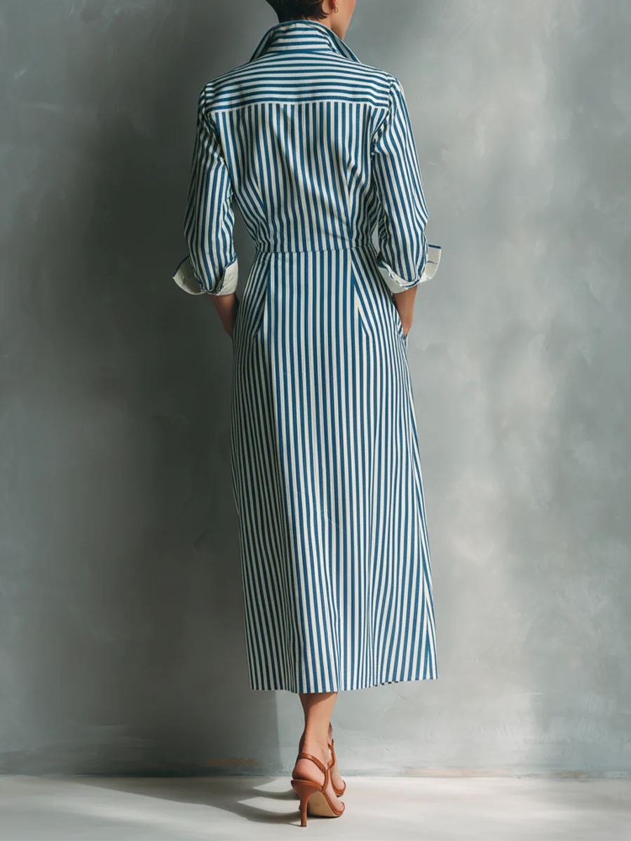 Robe chemise élégante à rayures pour femme, col rabattu décontracté, blocs de couleur, poches, longue, nouvelle tendance, gracieuse