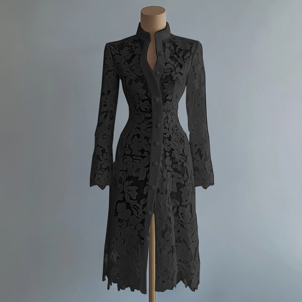 Robe en dentelle pour femme, col montant, simple boutonnage, manches longues, style manteau, longueur midi, transparente, élégante et raffinée, pour l'automne