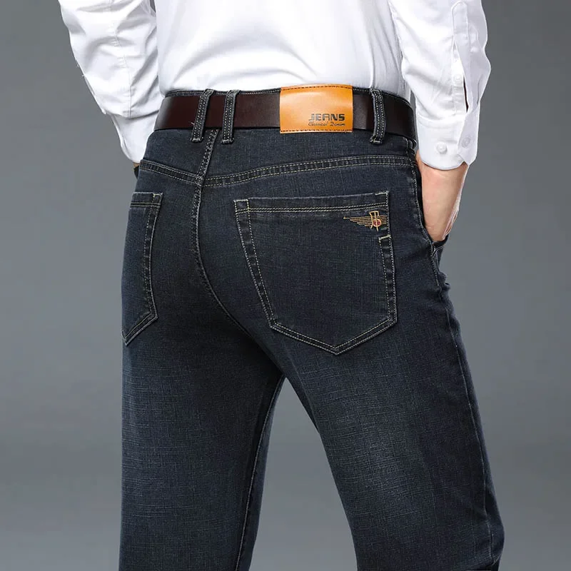 Grande taille 42 44 46 printemps automne hommes mode jean décontracté noir bleu classique affaires droite élasticité marque Denim pantalon