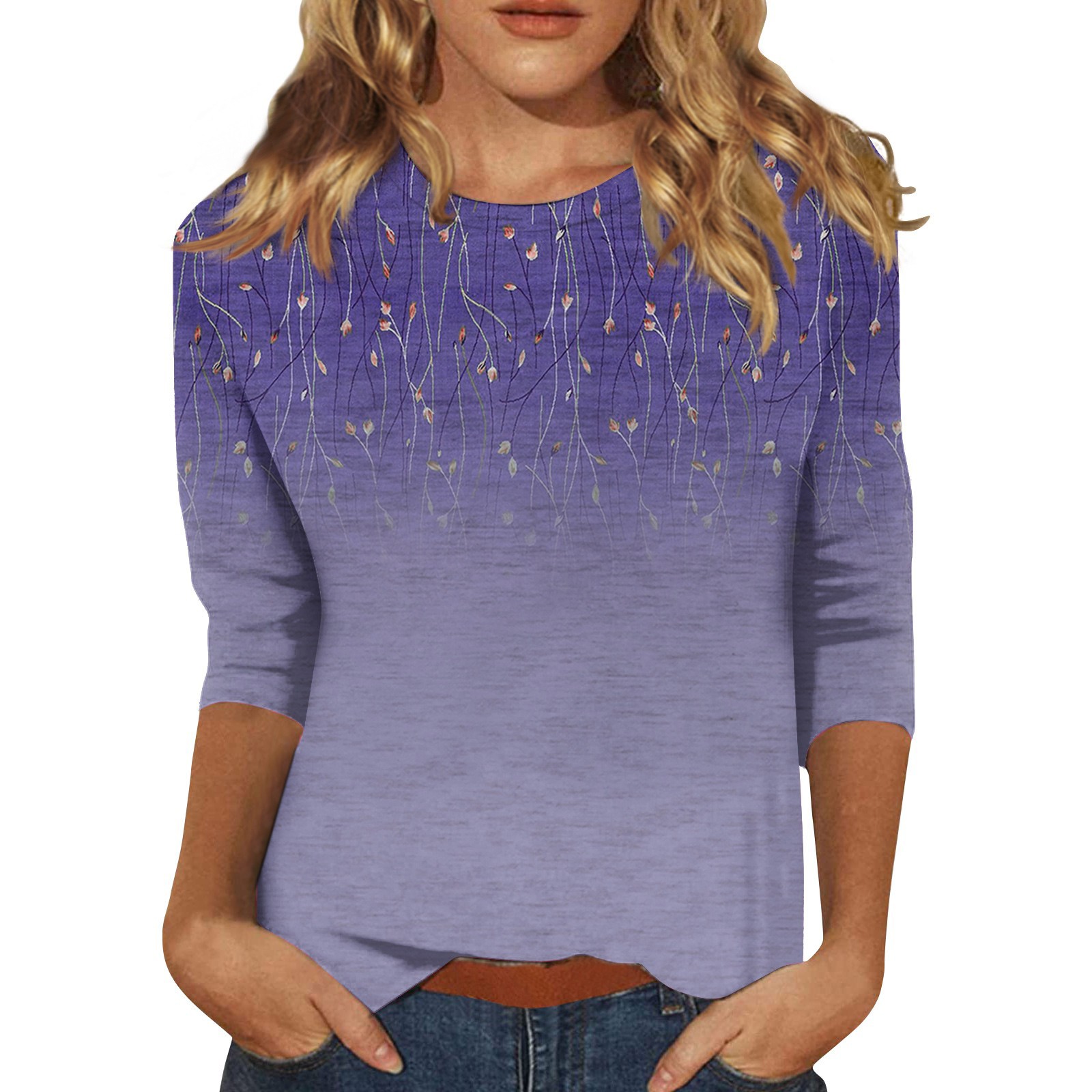 T-shirt à manches trois-quarts à col rond pour femmes, chemisier décontracté, haut imprimé, mode pour dames, été, 2024