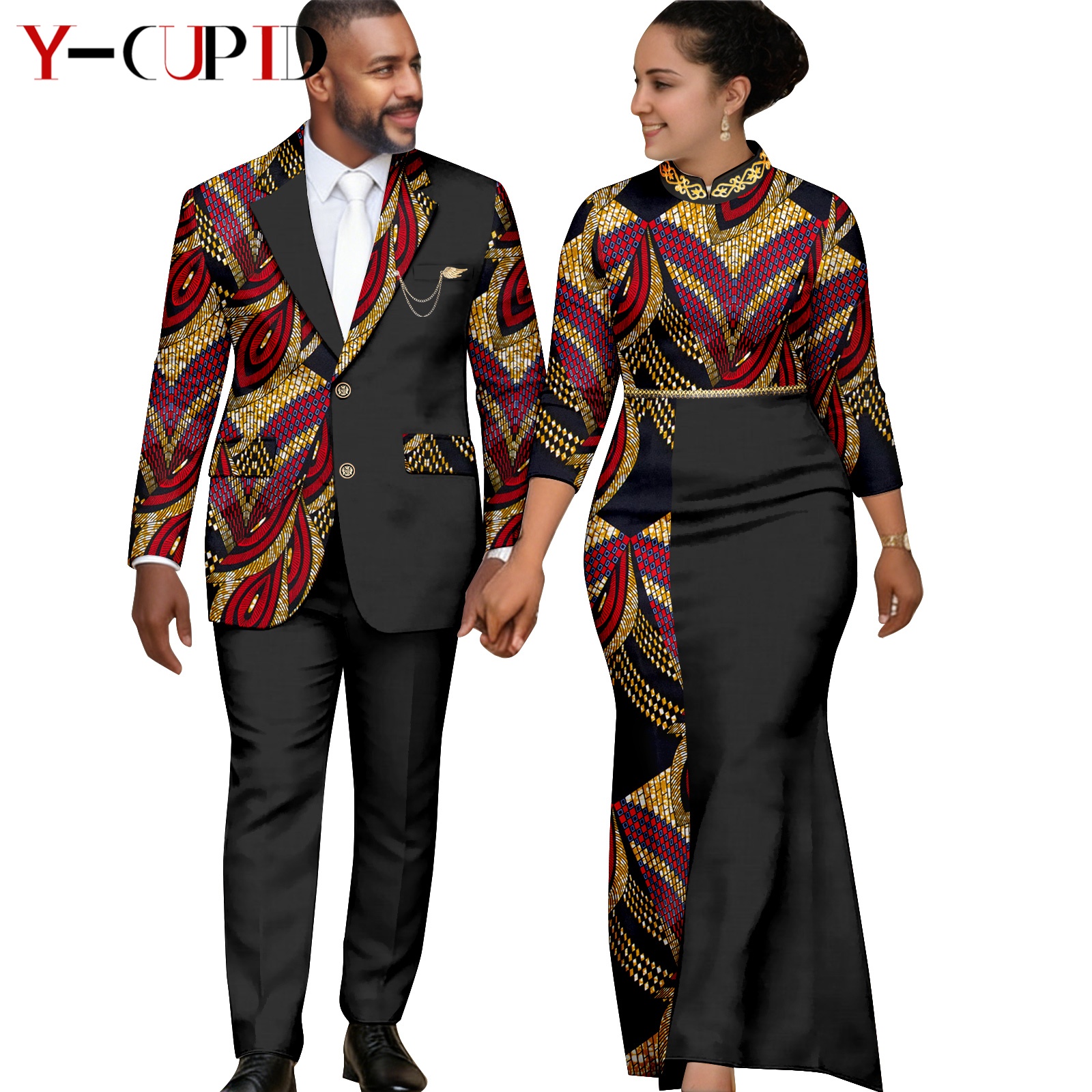 Robes longues élégantes à imprimé africain pour femmes, vêtements assortis pour couples, costumes Dashiki pour hommes, ensembles veste et pantalon Ankara 26C013