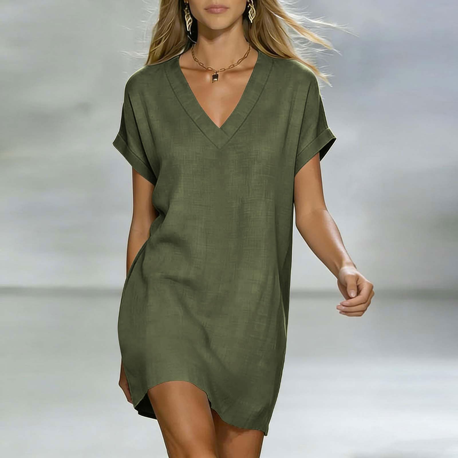 Robes d'été tendance pour femmes 2026 – Robes décontractées en coton et lin à manches courtes, col en V, style t-shirt ample, pour la plage