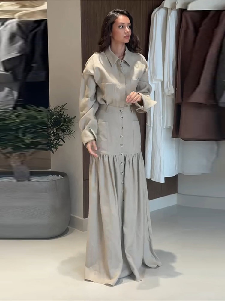 Ensemble jupe et chemise pour femme, chemise à col rabattu et simple boutonnage, jupe longue taille haute ajustée avec ourlet à volants et boutons, ensemble assorti pour femme