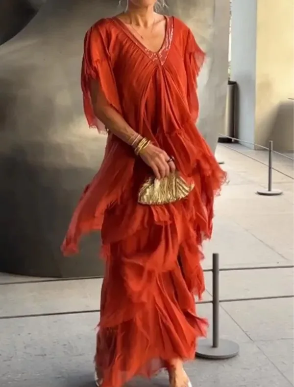 Robe longue sexy pour femmes, col en V, manches courtes, à volants, coupe ajustée, élégante, pour soirée, maxi, à empiècements, coupe A-line, taille haute