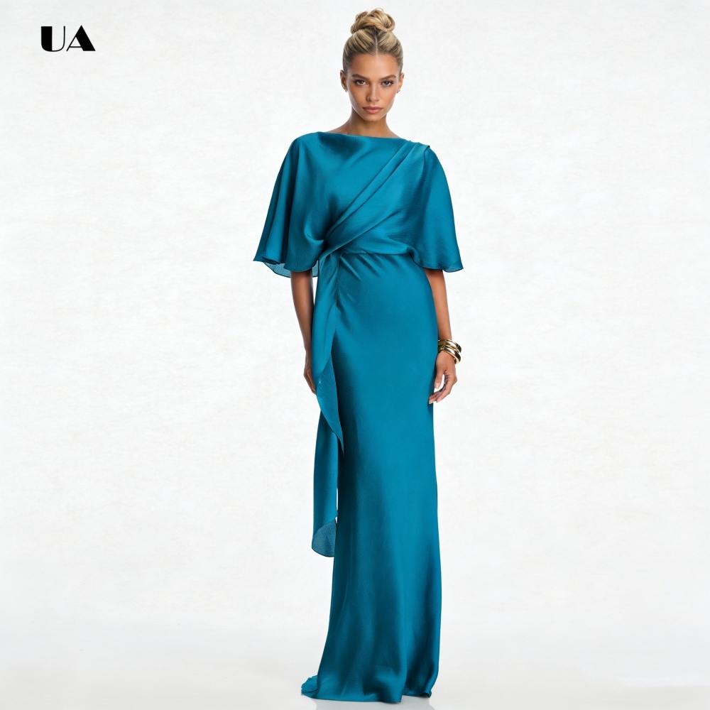Robe de bal droite élégante avec col bateau, robe de soirée en Satin solide avec manches flottantes, robe de soirée drapée classique personnalisée