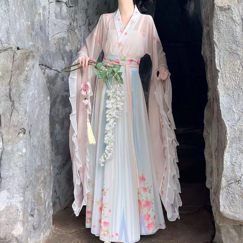 Ensemble de robe Hanfu de la dynastie WeiJin de style chinois pour femmes, robe longue dégradée, imprimé floral élégant traditionnel, cosplay féminin imbibé