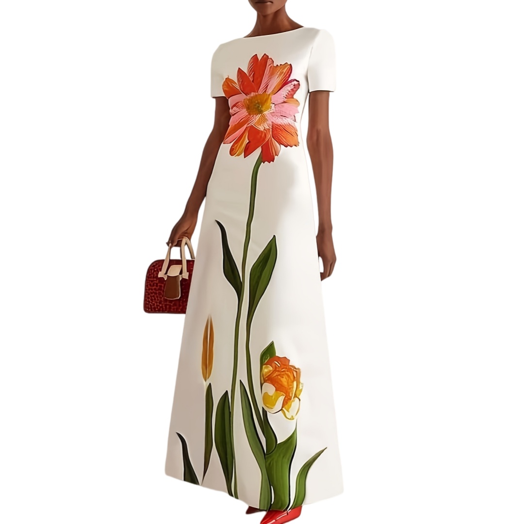 Vêtements d'été pour femmes, nouveau style, imprimé artistique, col rond, manches courtes, robe longue, robe longue rétro ajustée, élégante et tendance, adaptée au quotidien, aux rendez-vous, aux mariages, aux banquets, aux cérémonies de remise des diplômes