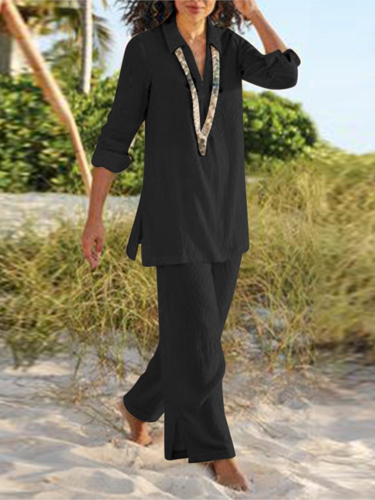 Décontracté coton Blouse deux pièces ensemble femmes été à manches longues hauts pantalons ensembles mode solide pantalon droit costumes femmes tenues