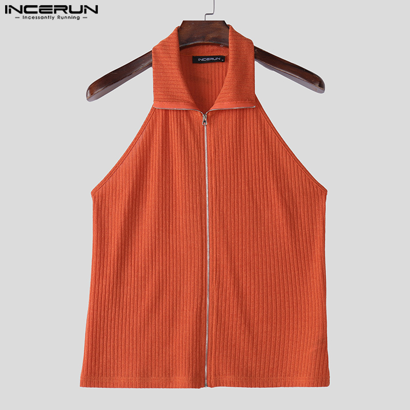 INCERUN hauts 2025 Style coréen mode hommes tricoté Texture col suspendu Design gilets décontracté Streetwear solide fermeture éclair débardeurs