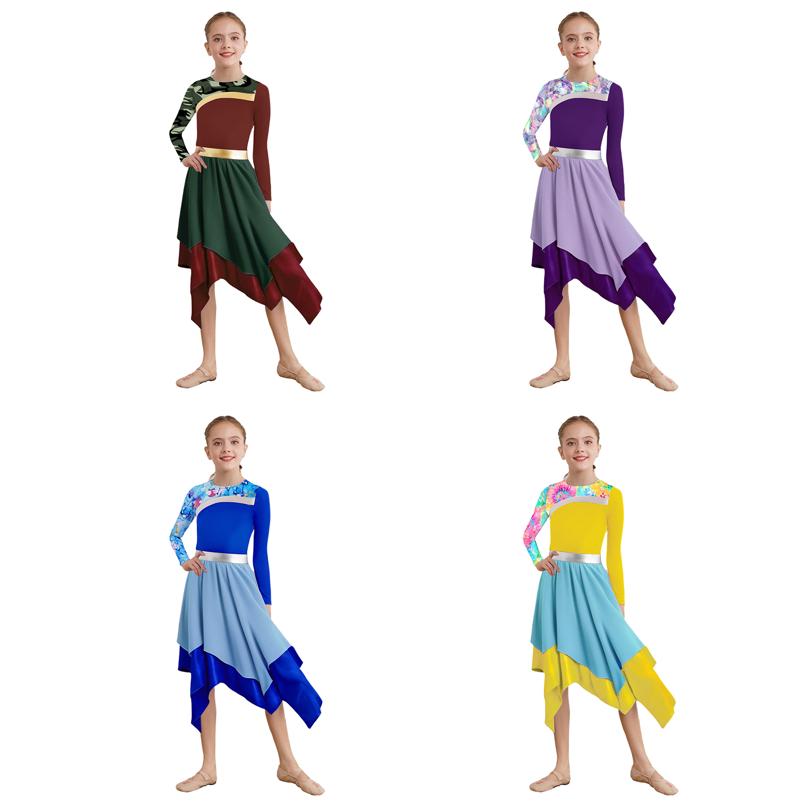 Robe de danse lyrique pour enfants filles, louange liturgique contemporaine, fermeture éclair manches longues, imprimé, ourlet irrégulier, Robe de culte, vêtements de danse