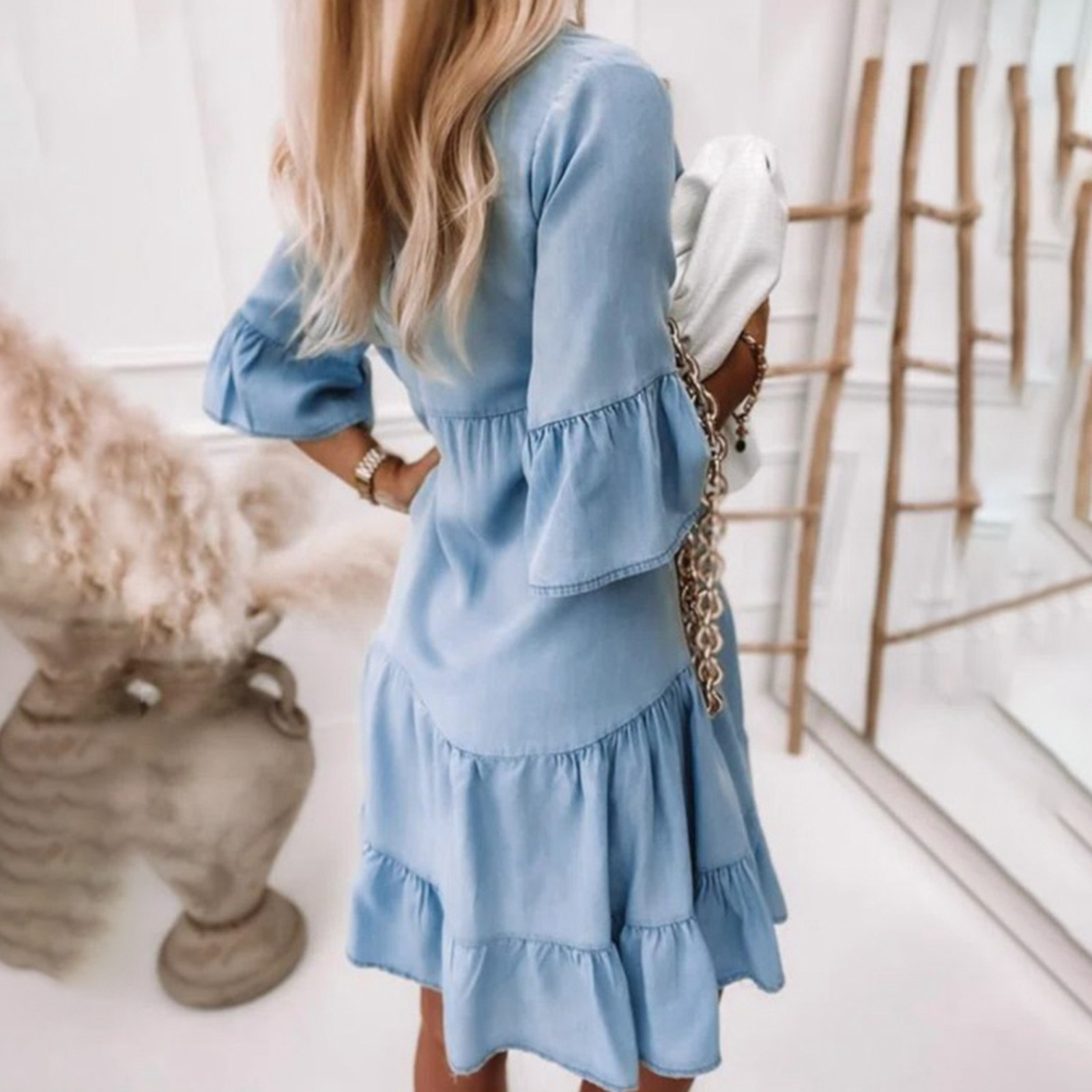 Robes pour femmes 2025 décontracté femmes couleur unie en détresse Denim robe mi-longue avec 5/8 manches robes Elegantes Feminino