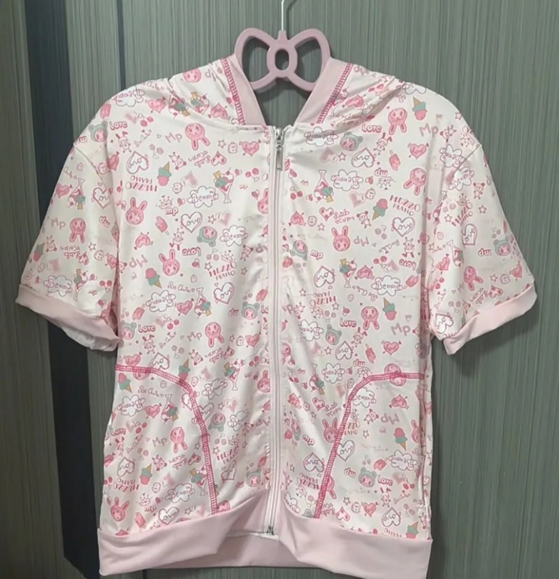 Manteau d'été fin à manches courtes pour femmes, imprimé de dessin animé japonais Kawaii, veste à capuche mignonne Vasual Y2k, vêtements d'extérieur esthétiques doux Grunge
