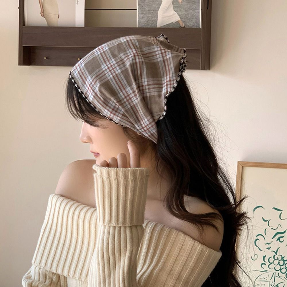 Foulard Turban en Coton à Motif Treillis, Style Champêtre, Bandeau Triangulaire Fin et Coloré, Accessoire de Mode pour Cheveux